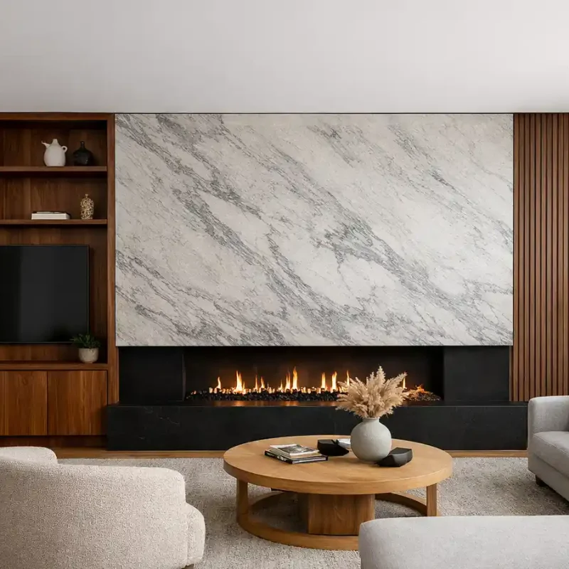 Modern Sydney living room with custom wooden cabinetry and fireplace showcasing Bespoke Furniture Sydney design