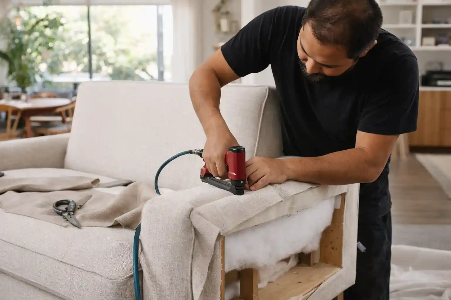 Skilled artisan upholstering a sofa in a Sydney home highlighting Bespoke Furniture Sydney craftsmanship in progress