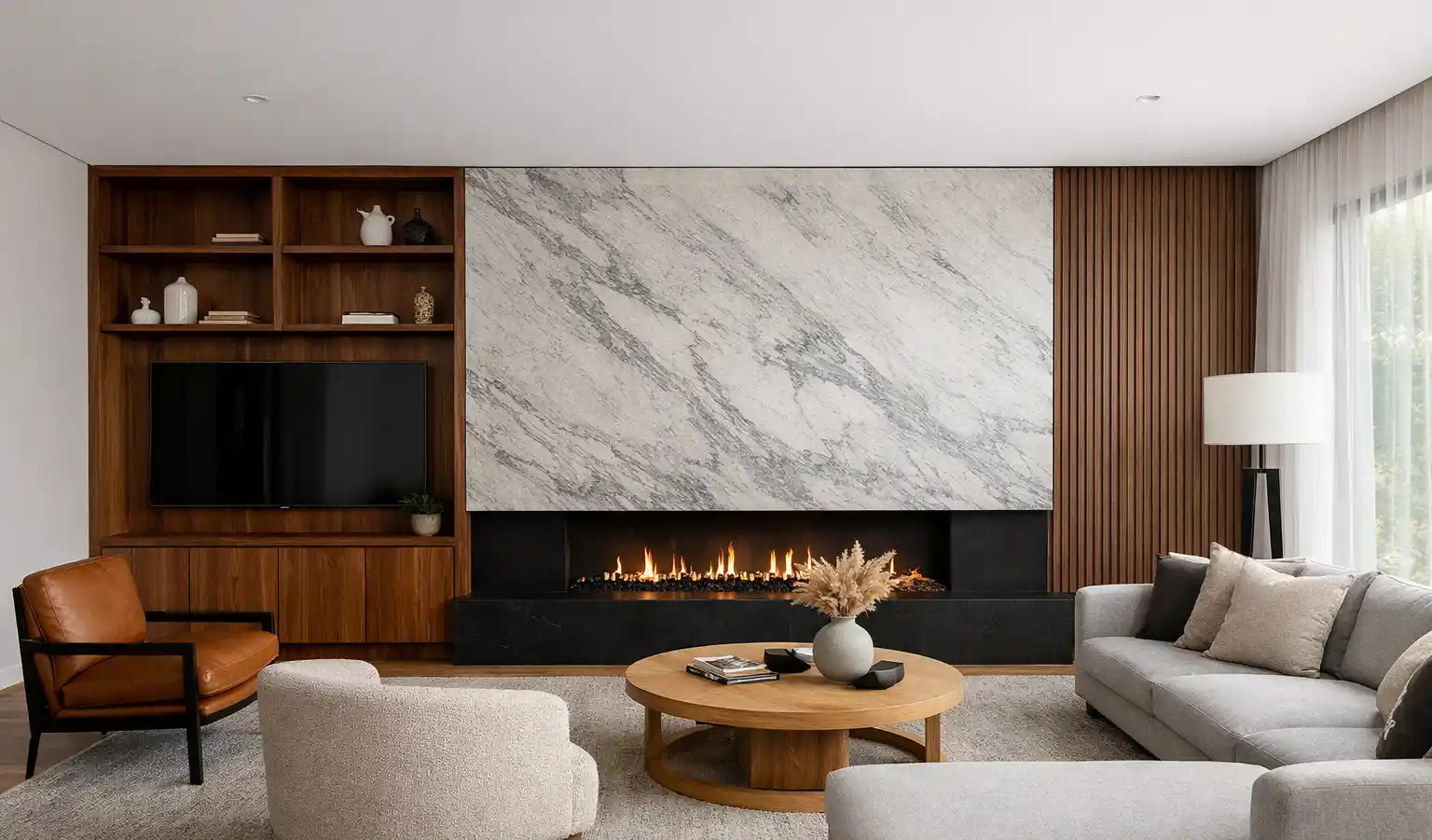 Modern Sydney living room with custom wooden cabinetry and fireplace showcasing Bespoke Furniture Sydney design