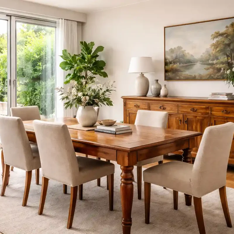 Beautifully restored solid timber dining table in a modern living room showcasing Furniture Restoration Sydney craftsmanship and sustainable home design.