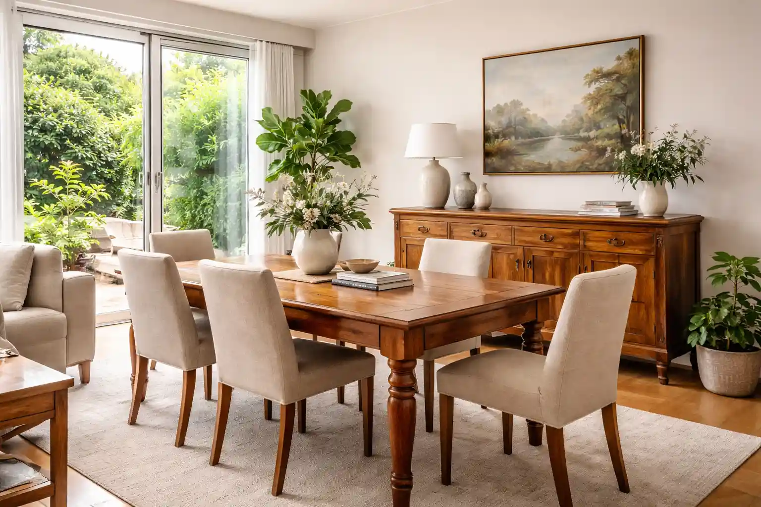 Beautifully restored solid timber dining table in a modern living room showcasing Furniture Restoration Sydney craftsmanship and sustainable home design.