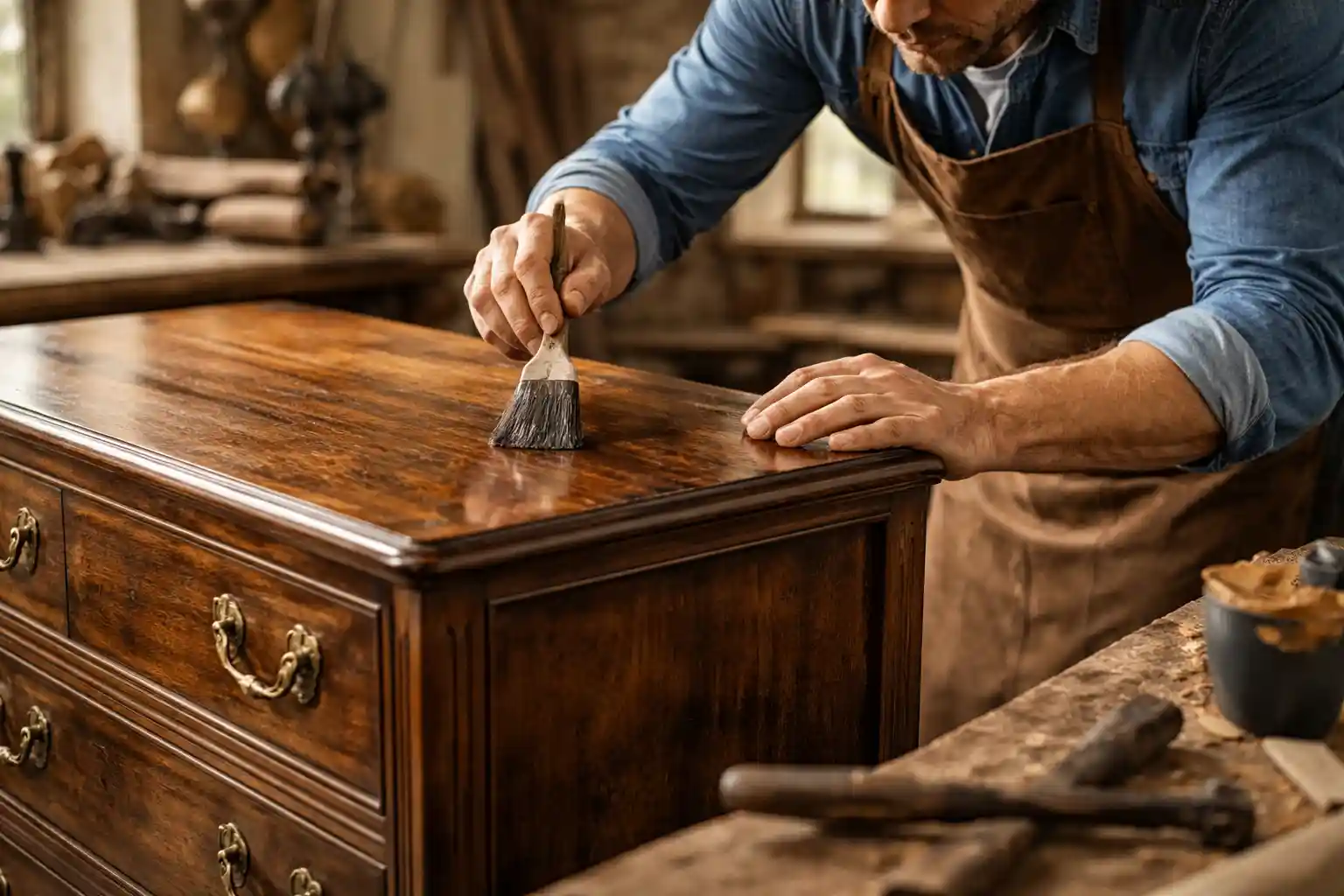 Skilled carpenter sanding vintage timber table in a workshop during Furniture Restoration Sydney process.