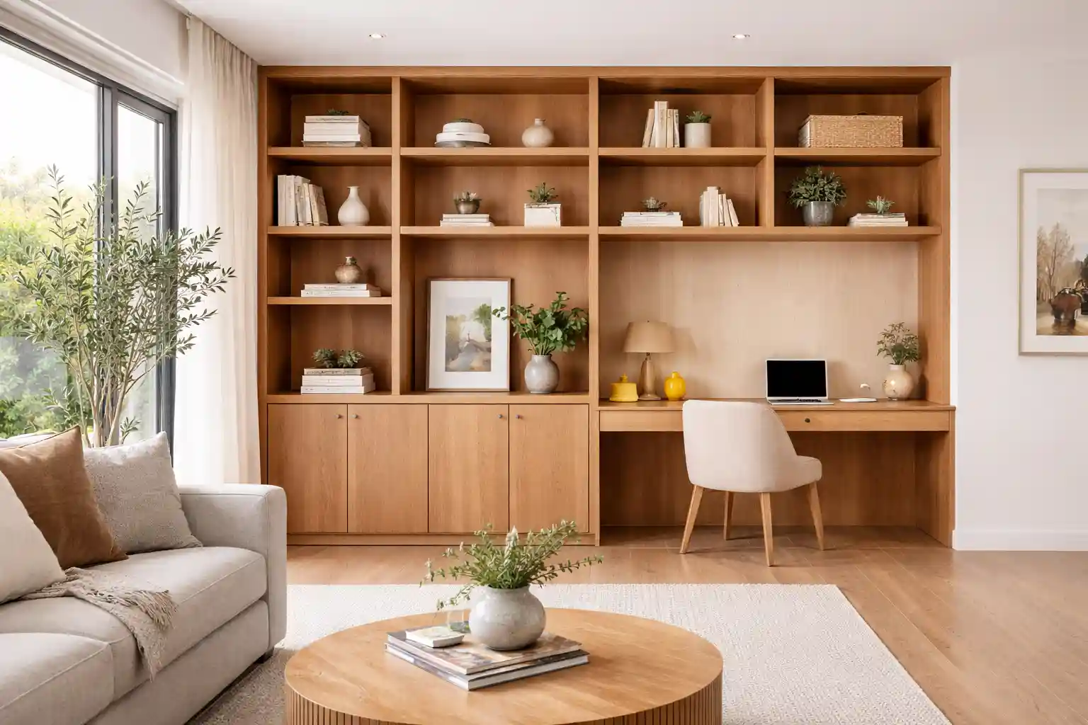 Internal Carpentry Sydney custom timber shelving with hidden cabinets and compact built-in desk designed to maximise storage in a modern home interior.