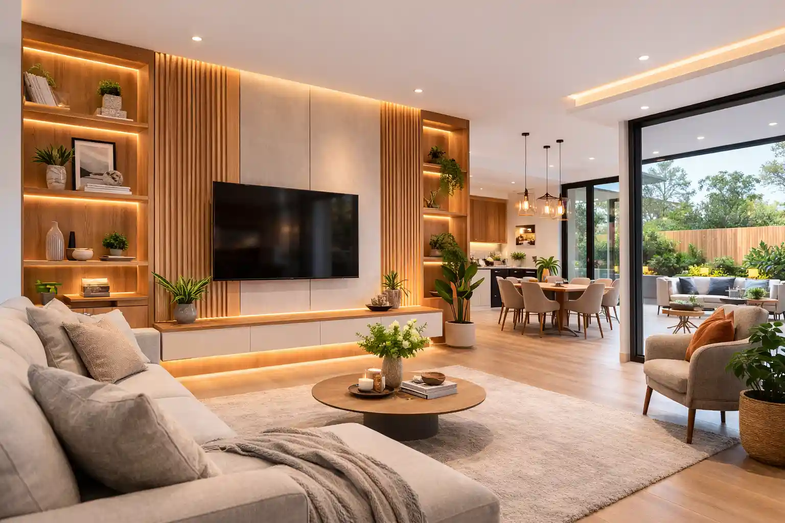 Internal Carpentry Sydney modern living room with built-in timber shelving, wall panelling, and floating media cabinet in a bright contemporary home interior.