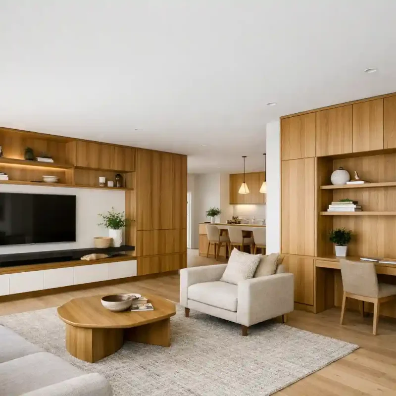 Modern Sydney home interior with built-in timber shelving and cabinetry showcasing Custom Carpentry Sydney design and minimalist architectural style.