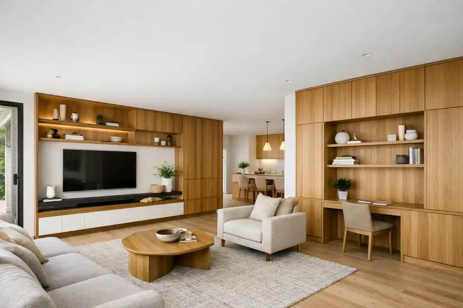 Modern Sydney home interior with built-in timber shelving and cabinetry showcasing Custom Carpentry Sydney design and minimalist architectural style.