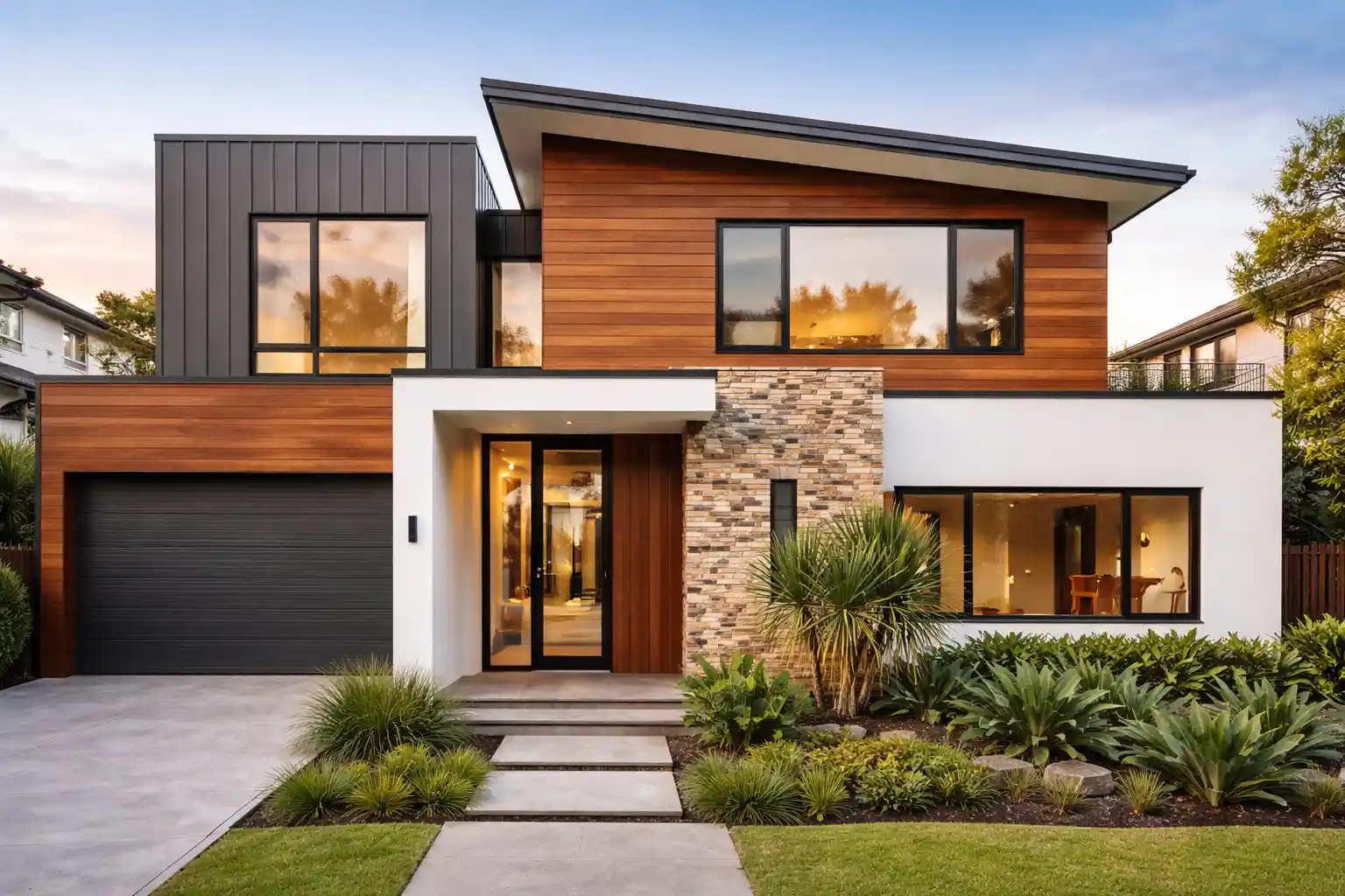 Modern Wall Cladding Sydney home featuring timber, metal and render exterior design