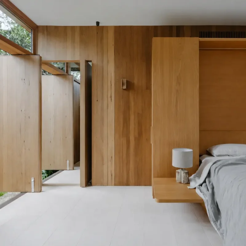 Modern living room showcasing Timber Feature Walls Sydney with vertical timber panels and warm ambient lighting