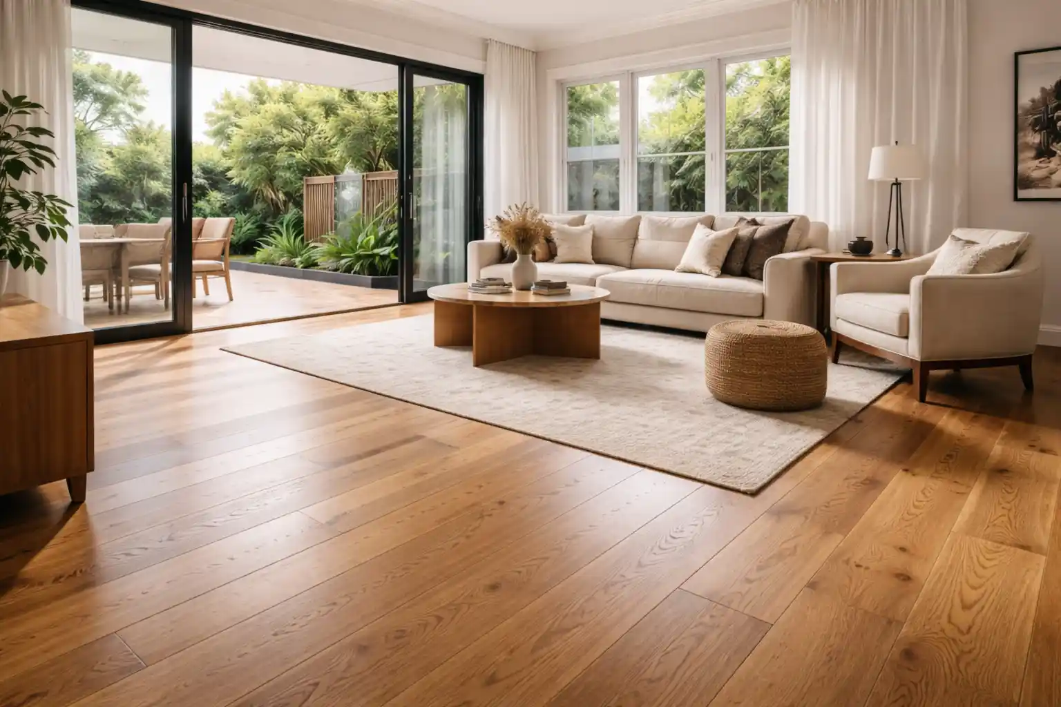 Residential Carpentry Sydney timber flooring in a sunlit living room showing warm and stylish wooden floor design