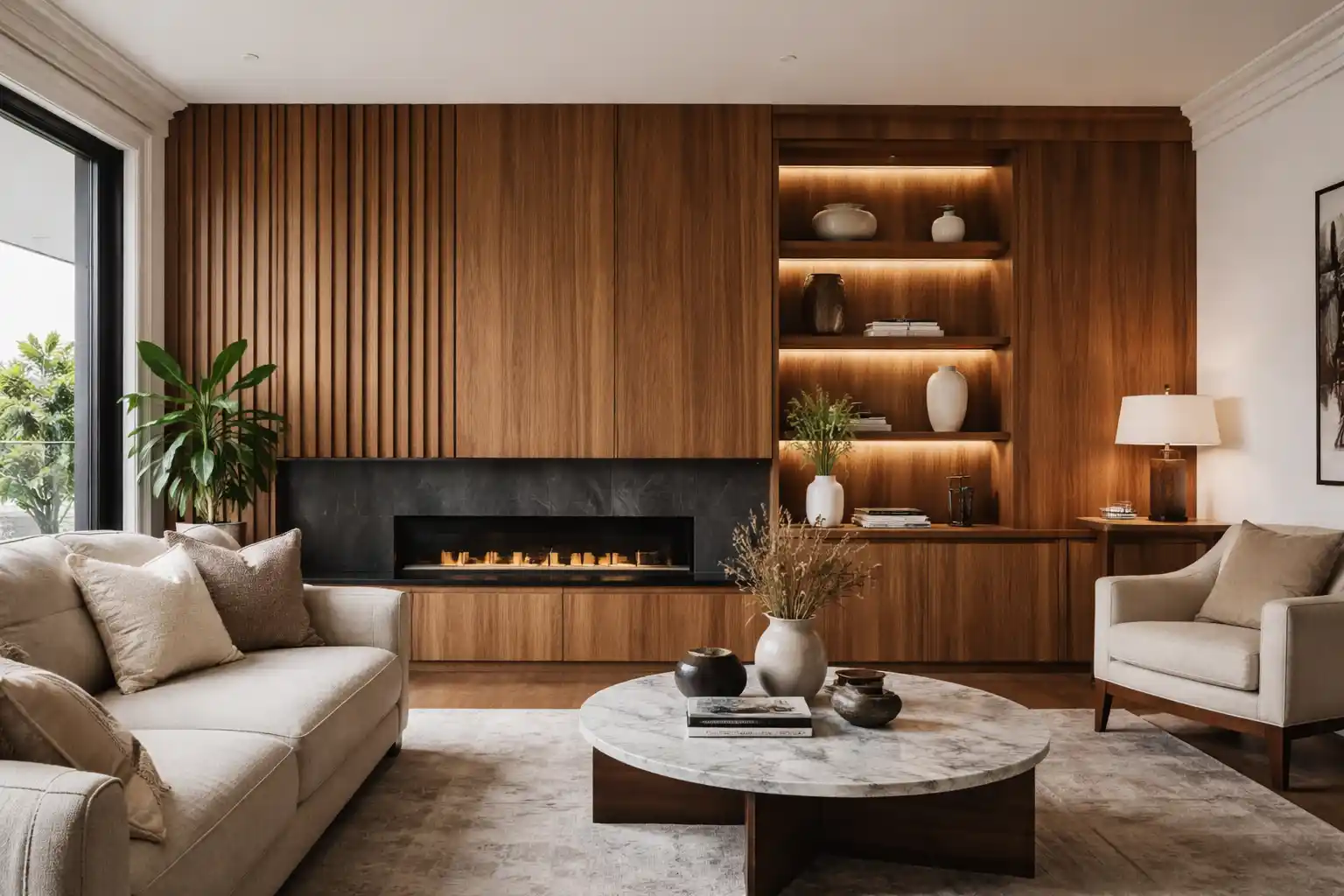 Residential Carpentry Sydney custom wooden wall panel with elegant timber joinery in a modern home interior