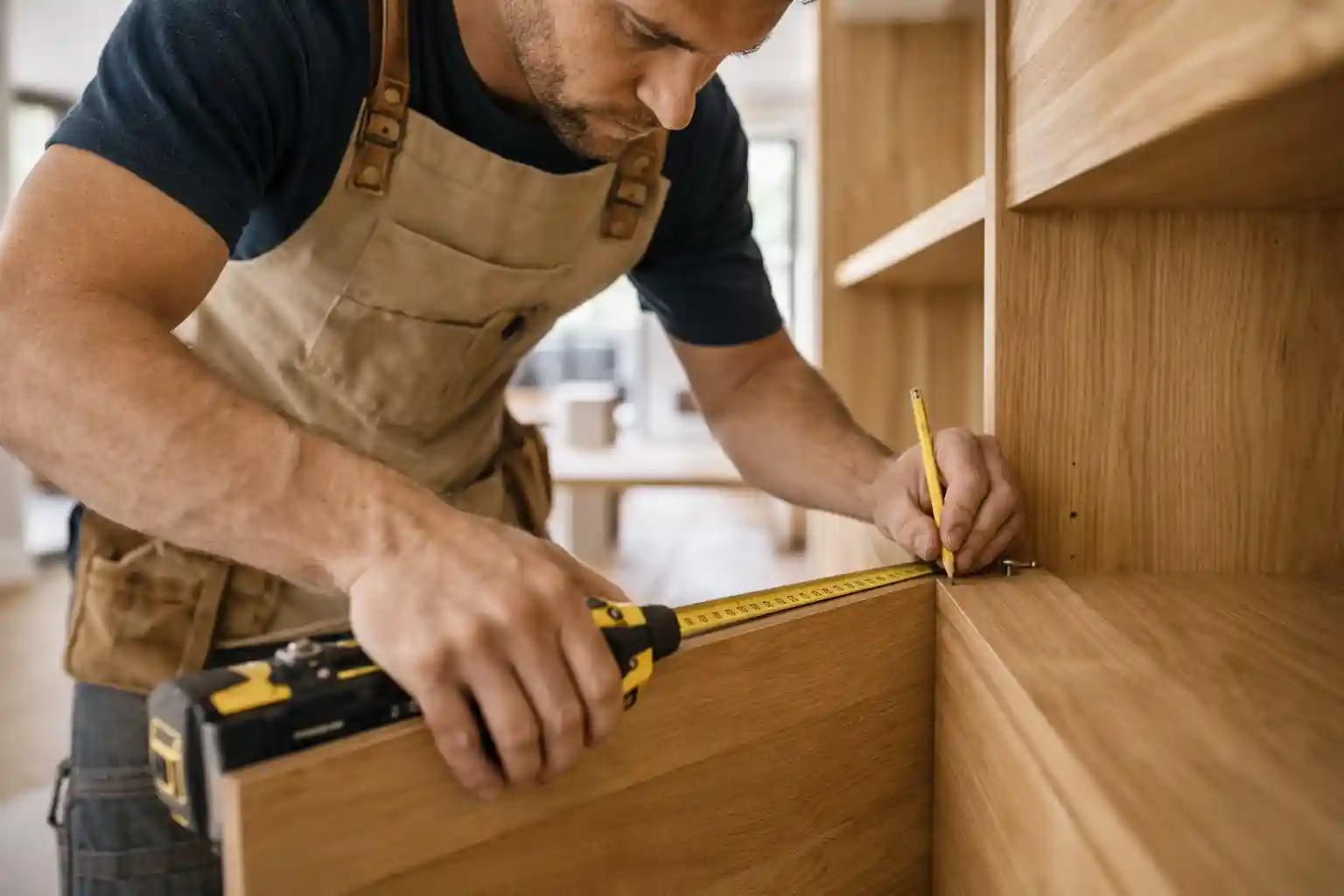 Skilled carpenter measuring and installing timber cabinetry demonstrating precision craftsmanship in Custom Carpentry Sydney projects.