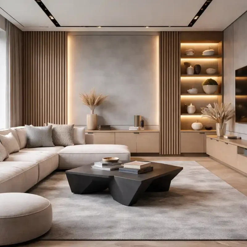 Modern living room showcasing Timber Feature Walls Sydney with vertical timber panels and warm ambient lighting