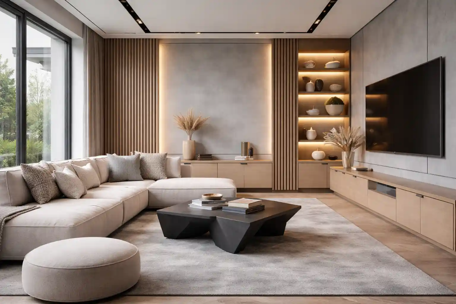 Modern living room showcasing Timber Feature Walls Sydney with vertical timber panels and warm ambient lighting