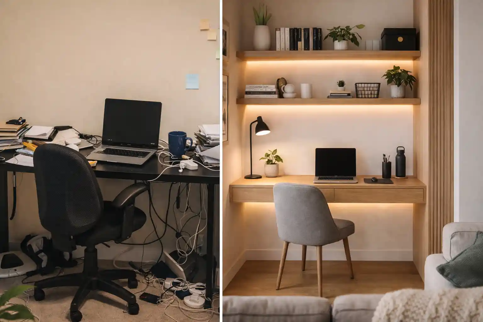 Split-screen workspace comparison showing a cluttered desk vs an organised custom built desk in Sydney with built-in shelves and clean cable management.