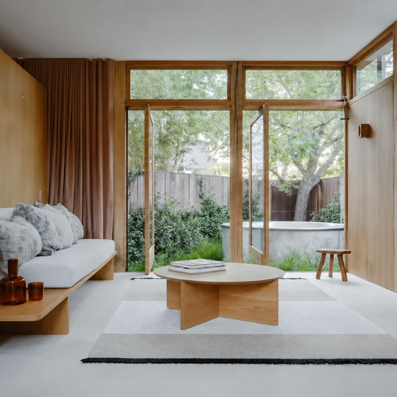 Compact Sydney apartment workspace featuring a custom built desk in Sydney with wall-mounted shelves, natural timber finish, and soft natural lighting.