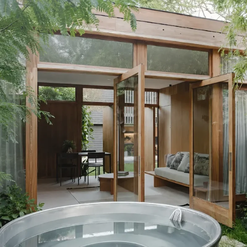 Modern Sydney living room featuring Ceiling Timber Panelling in Sydney, warm wooden ceiling panels, natural light, and a stylish contemporary interior