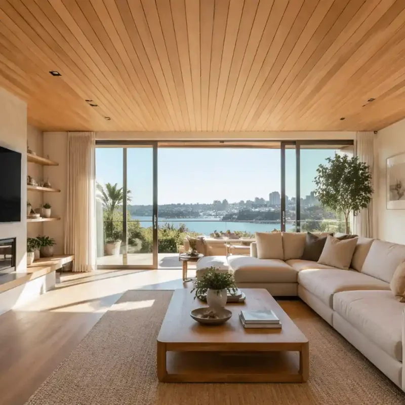 Modern Sydney living room featuring Ceiling Timber Panelling in Sydney, warm wooden ceiling panels, natural light, and a stylish contemporary interior