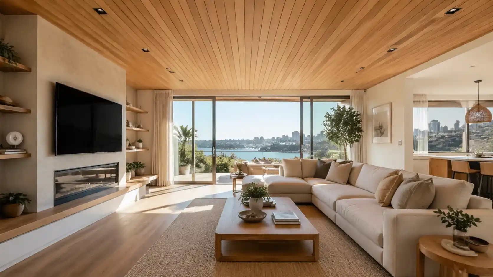 Modern Sydney living room featuring Ceiling Timber Panelling in Sydney, warm wooden ceiling panels, natural light, and a stylish contemporary interior