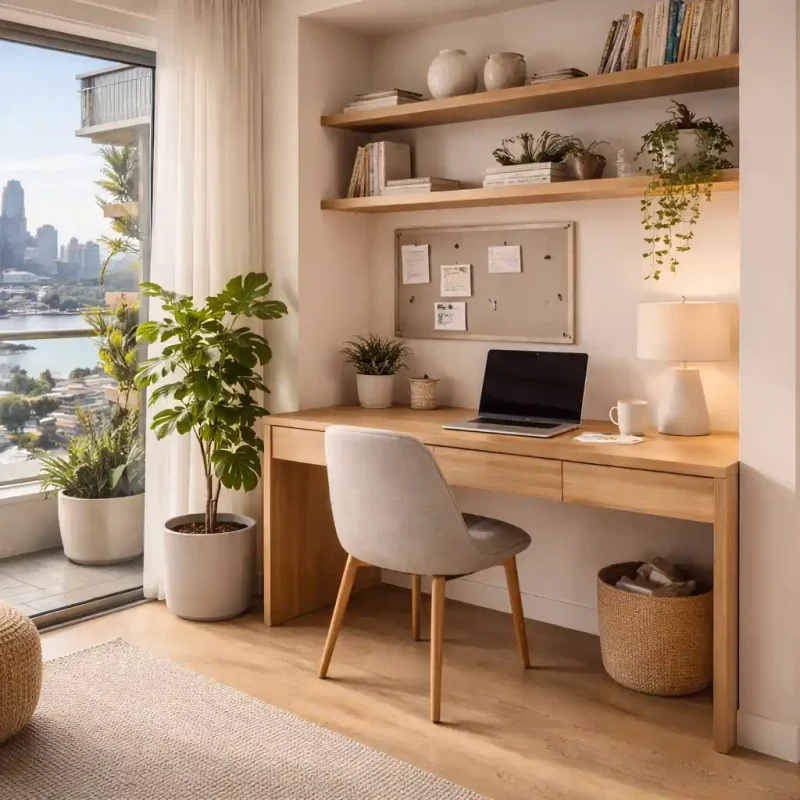 Compact Sydney apartment workspace featuring a custom built desk in Sydney with wall-mounted shelves, natural timber finish, and soft natural lighting.