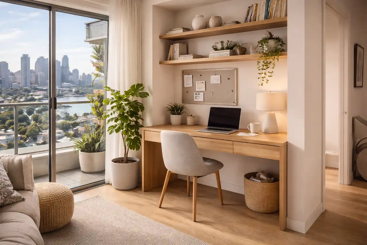 Compact Sydney apartment workspace featuring a custom built desk in Sydney with wall-mounted shelves, natural timber finish, and soft natural lighting.