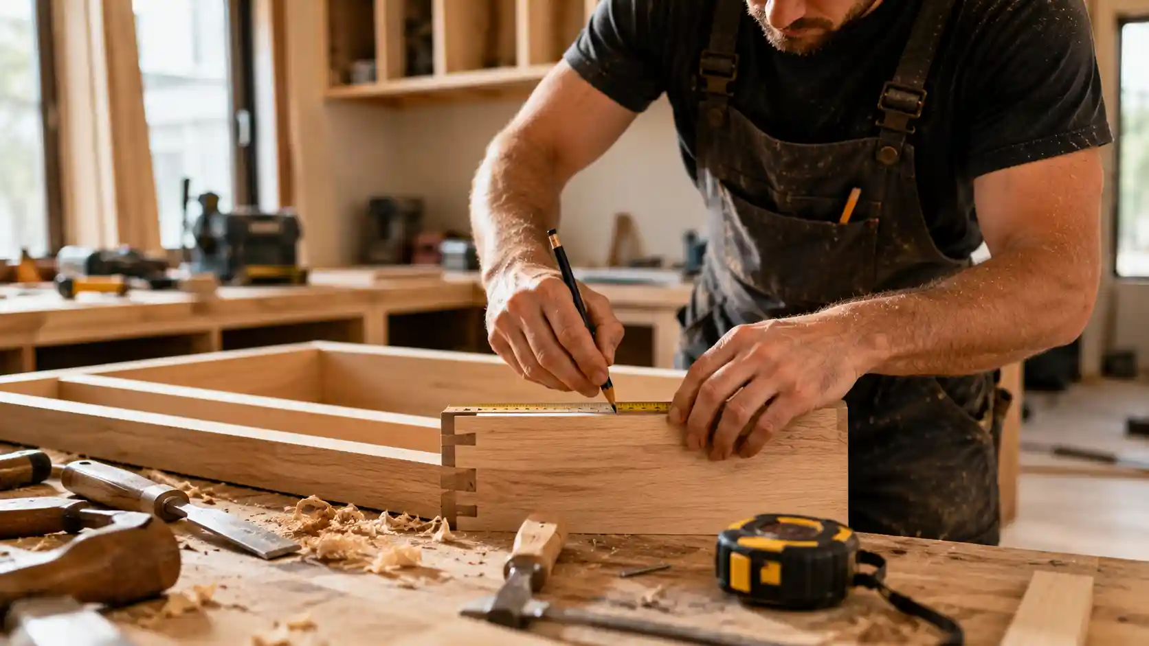 Residential Carpentry Sydney carpenter working on custom wood joinery using precision tools and detailed timber craftsmanship