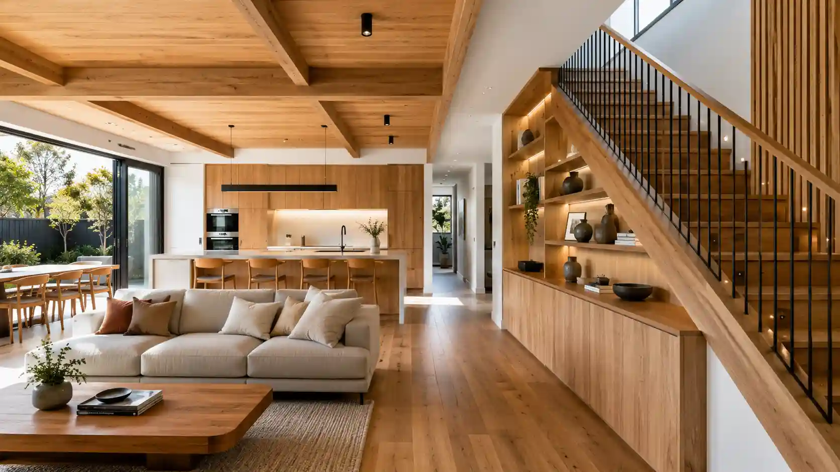 Residential Carpentry Sydney modern home interior with custom timber design, wooden staircase, ceiling beams, and built-in shelving