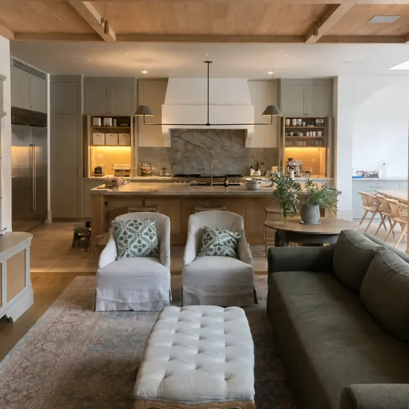 Residential Carpentry Sydney modern home interior with custom timber design, wooden staircase, ceiling beams, and built-in shelving